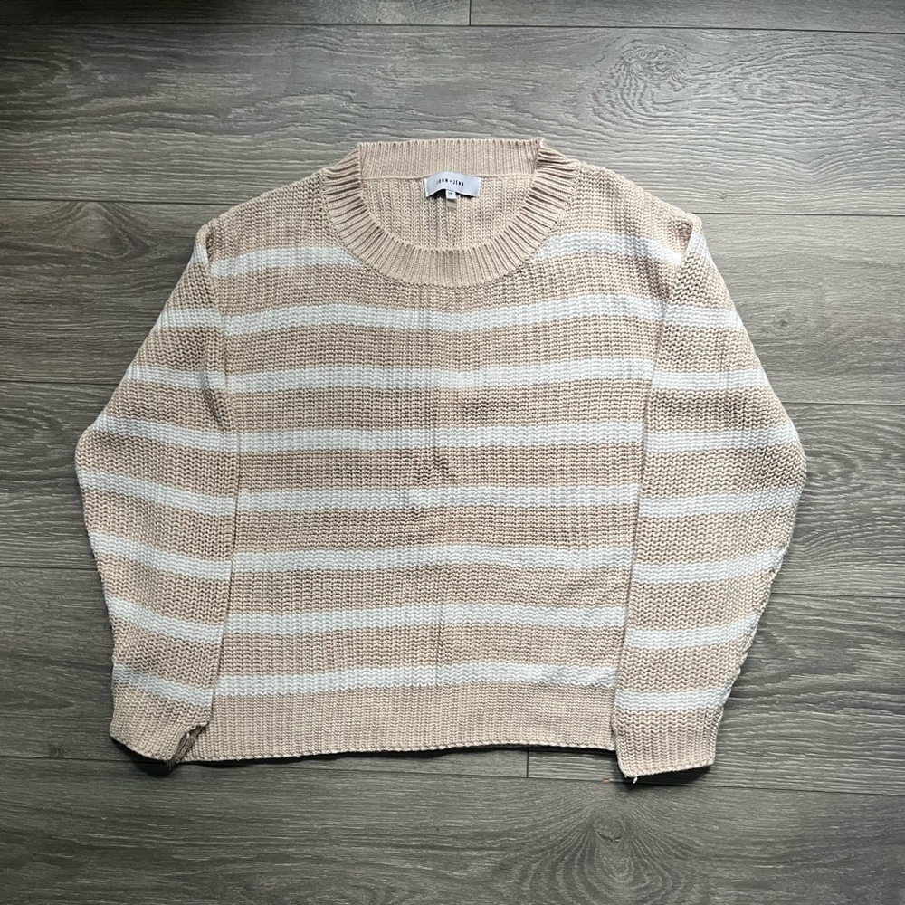 John + Jenn Cream White Striped Knit 100% Cotton Crew Long Sleeve Sweater Size S